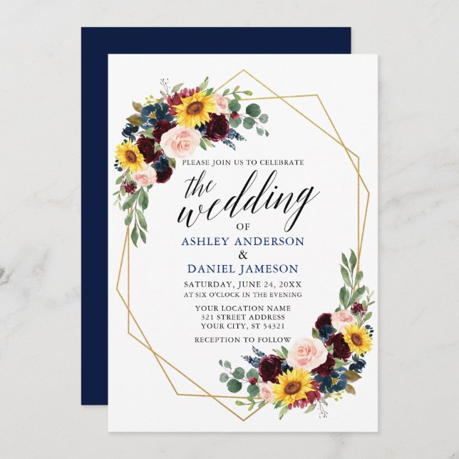 Invitación Caligrafía floral acuarela Boda geométrico (Anverso / Reverso)