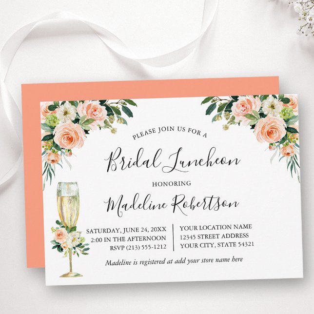 Invitación Caligrafía floral acuarela Coral Bridal Lunch (Customize to change text color, text style or color of back of card.)