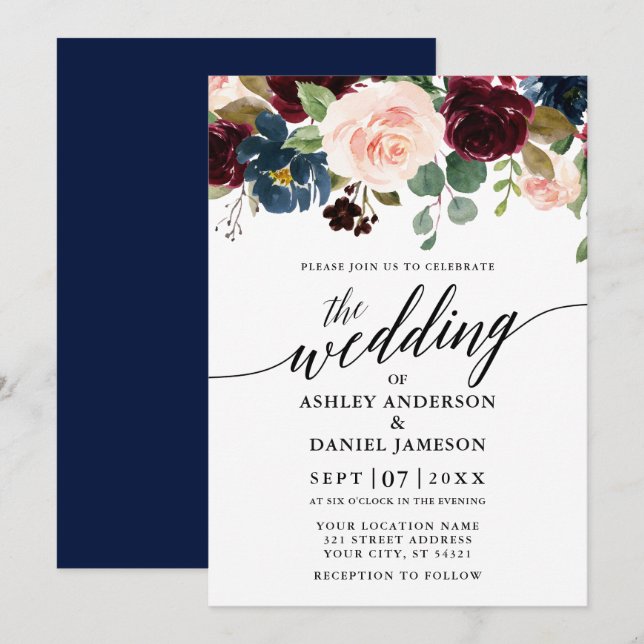 Invitación Caligrafía Floral Borgoña Azul Boda Rosa (Anverso / Reverso)