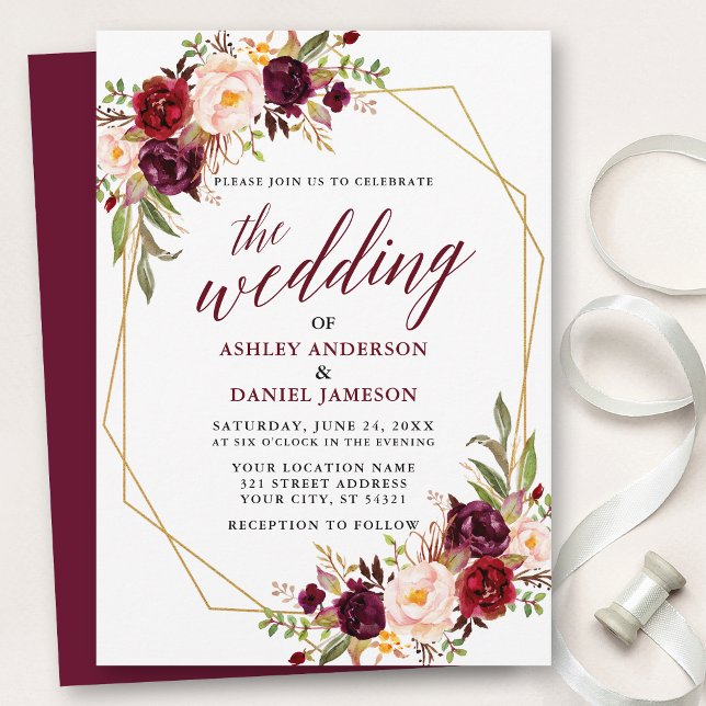 Invitación Caligrafía floral de Borgoña Boda geométrico (Customize to change text size, style, add text & photos to back or change color of back of card.)
