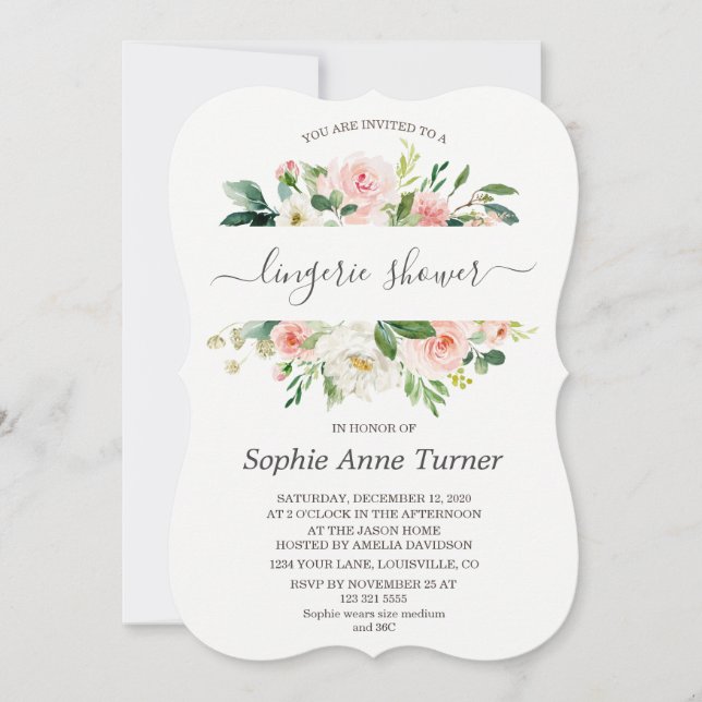 Invitación Caligrafía floral de crema rosa de encanto ducha d (Anverso)
