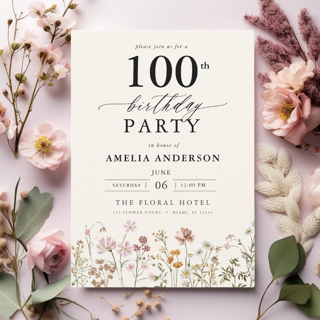 Invitación Caligrafía floral de jardín 100 cumpleaños (Subido por el creador)