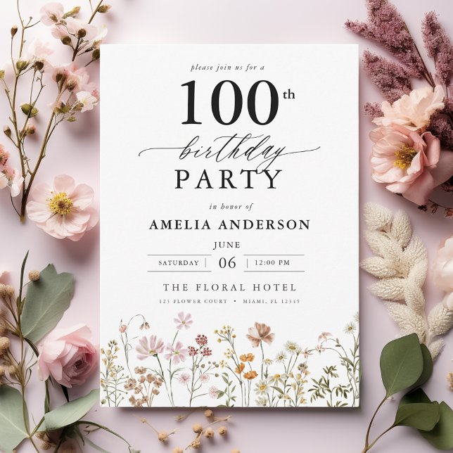 Invitación Caligrafía floral de jardín 100 cumpleaños (Subido por el creador)
