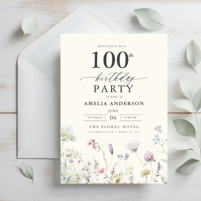 Invitación Caligrafía floral de jardín 100 cumpleaños (Subido por el creador)