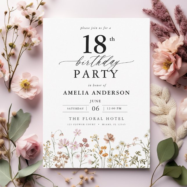 Invitación Caligrafía floral de jardín 18º cumpleaños (Subido por el creador)