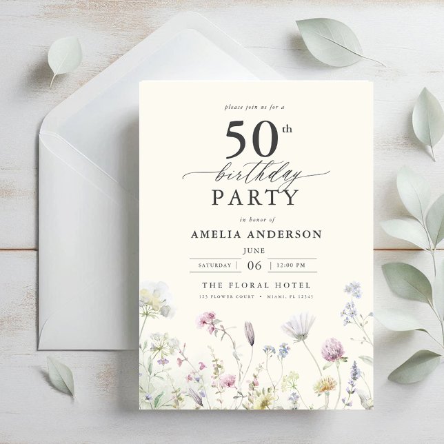 Invitación Caligrafía floral de jardín 50 cumpleaños (Subido por el creador)