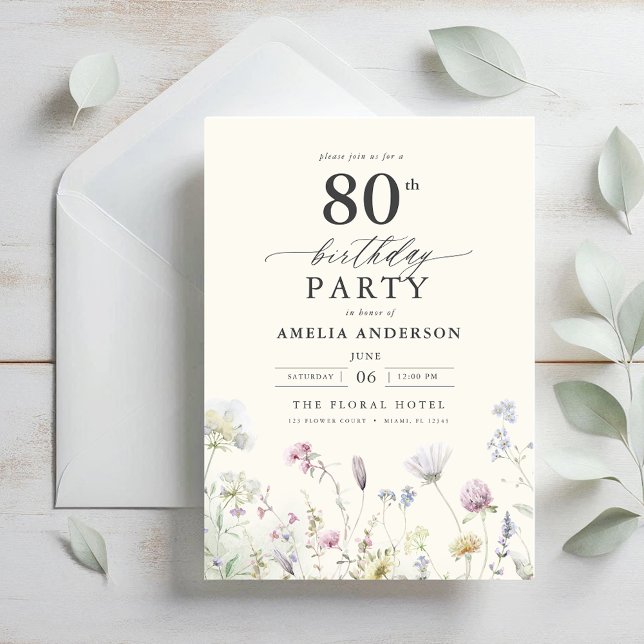 Invitación Caligrafía floral de jardín 80º cumpleaños (Subido por el creador)