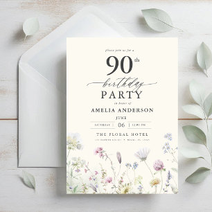 Invitación Caligrafía floral de jardín 90 cumpleaños
