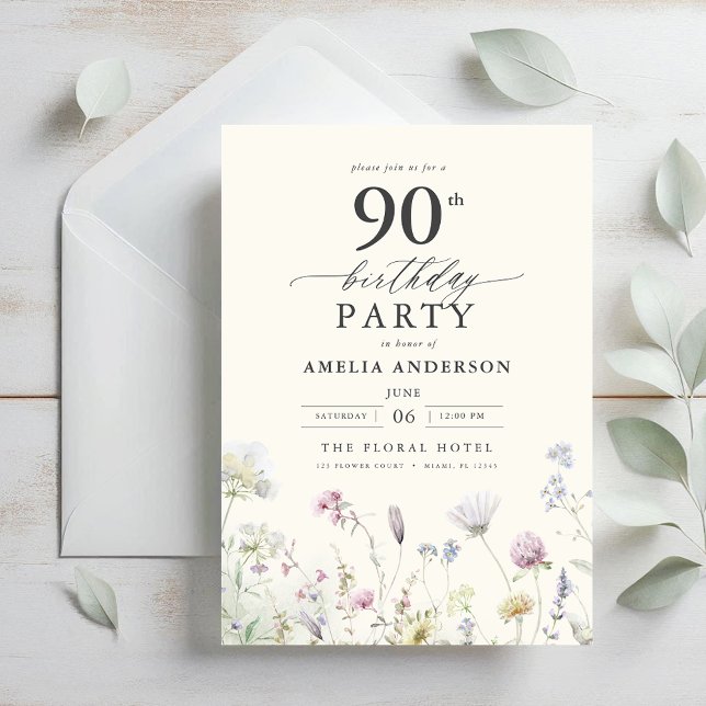 Invitación Caligrafía floral de jardín 90 cumpleaños (Subido por el creador)