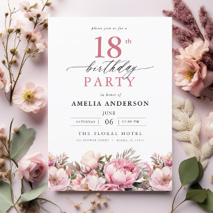 Invitación Caligrafía floral de jardín rosado 18 cumpleaños
