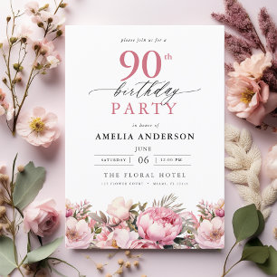 Invitación Caligrafía floral de jardín rosado 90 cumpleaños
