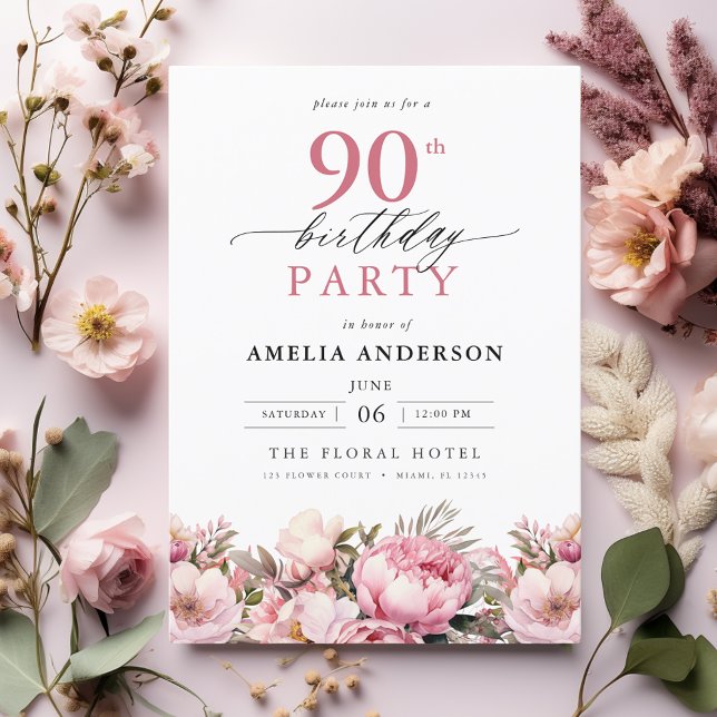 Invitación Caligrafía floral de jardín rosado 90 cumpleaños (Subido por el creador)