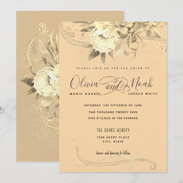 Invitación Caligrafía floral de la hora dorada (Anverso / Reverso)