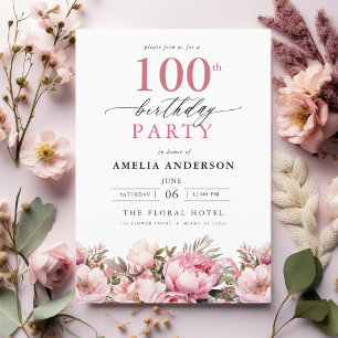 Invitación Caligrafía floral de Pink Garden 100 cumpleaños