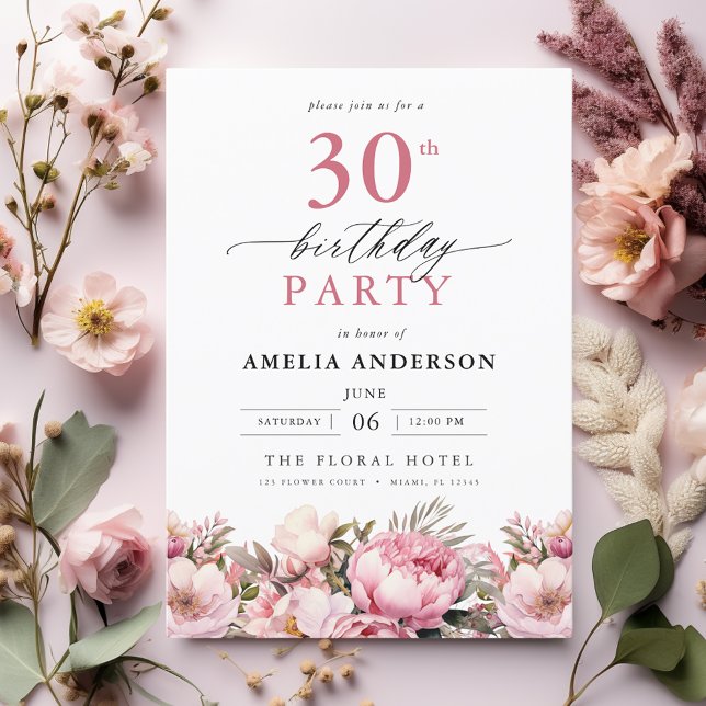 Invitación Caligrafía floral de Pink Garden 30 cumpleaños (Subido por el creador)
