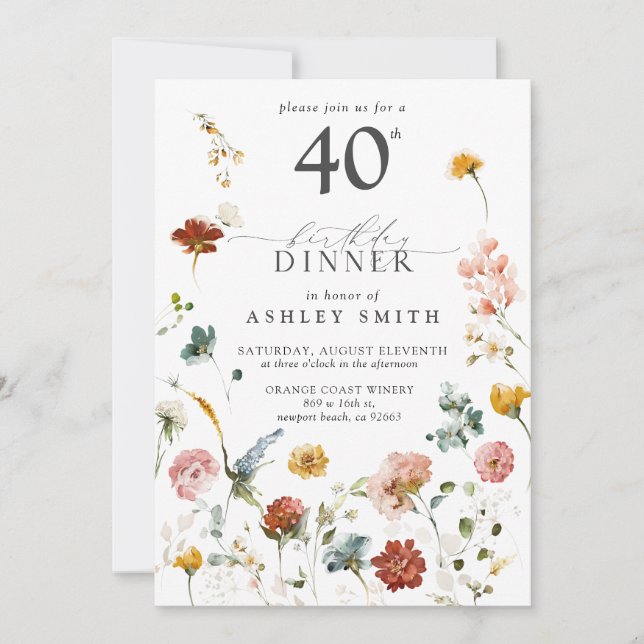 Invitación Caligrafía floral de Pink Garden 40 cumpleaños (Anverso)