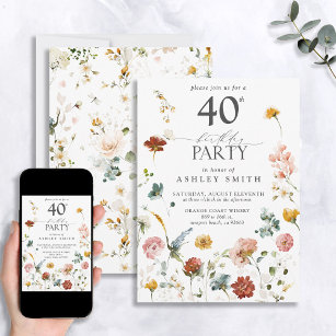 Invitación Caligrafía floral de Pink Garden 40 cumpleaños