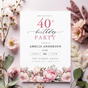 Invitación Caligrafía floral de Pink Garden 40 cumpleaños