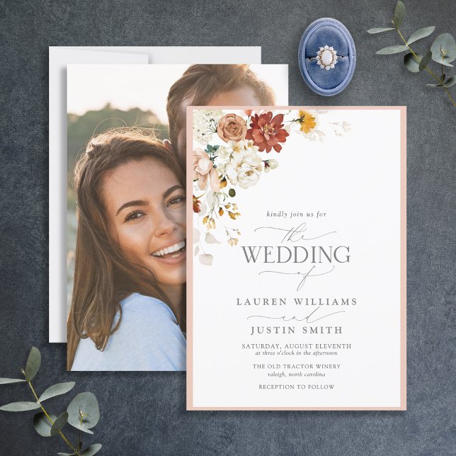 Invitación Caligrafía floral de tierra cálida Boda fotográfic (Subido por el creador)