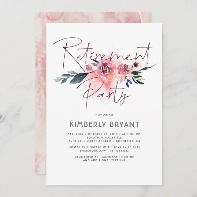 Invitación Caligrafía floral Elegante Fiesta de Jubilación Mo (Anverso / Reverso)