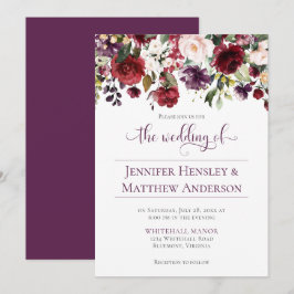 Invitación Caligrafía floral roja, morada, blanca y verde