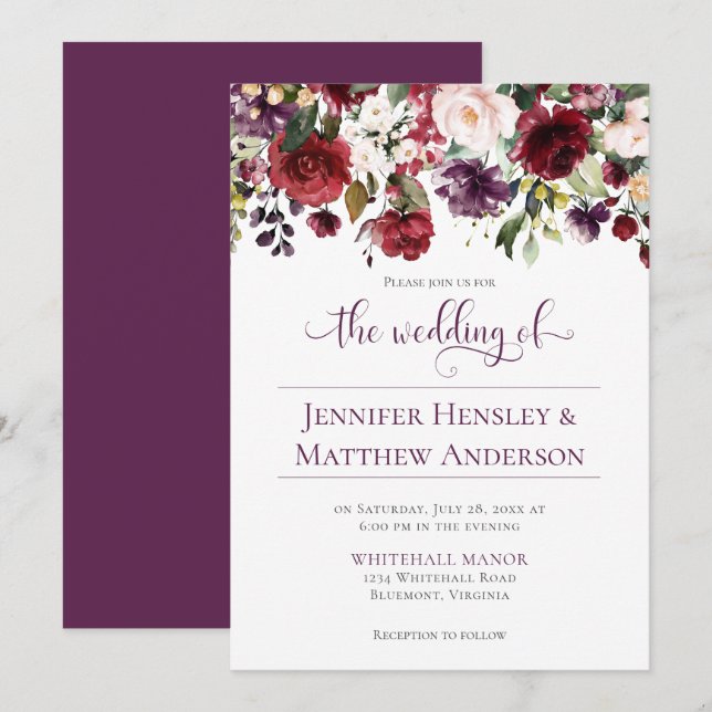Invitación Caligrafía floral roja, púrpura, blanca y verde (Anverso / Reverso)