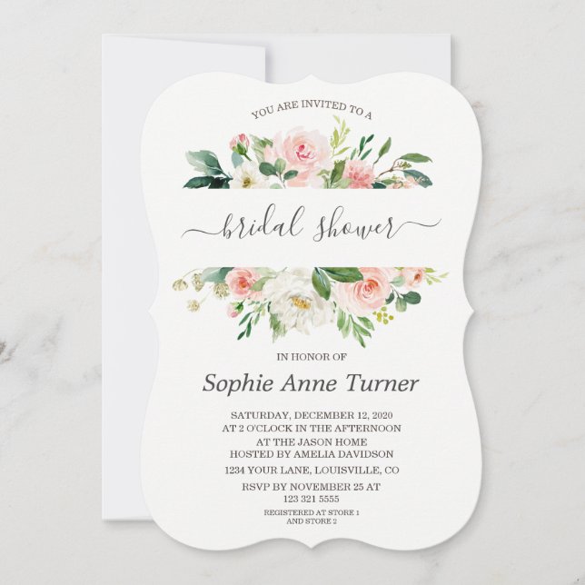 Invitación Caligrafía floral rosada moderna Ducha nupcial (Anverso)
