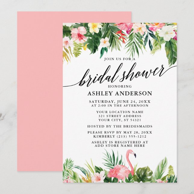 Invitación Caligrafía floral tropical Bridal Shower rosa
