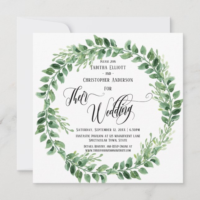 Invitación Caligrafía Floreciente Su Boda Corona Verde (Anverso)