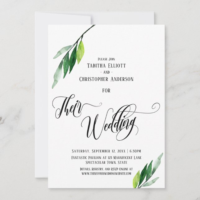 Invitación Caligrafía Floreciente Sus Bodas Hojas Verdes (Anverso)