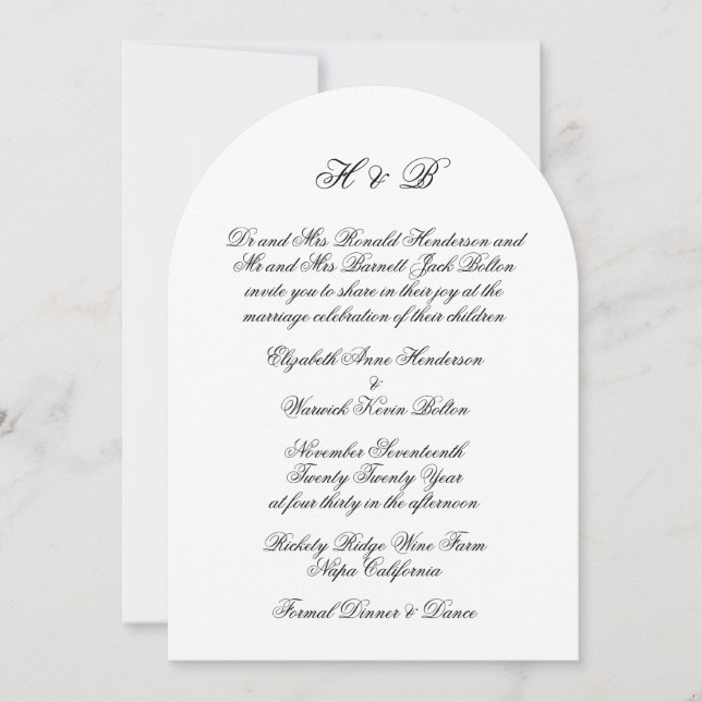 Invitación Caligrafía formal Arco Boda blanco negro (Anverso)