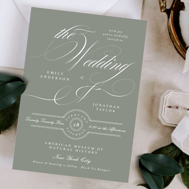 Invitación Caligrafía formal elegante Boda verde gris (Subido por el creador)