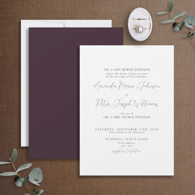Invitación Caligrafía formal moderna Plum Boda púrpura (Subido por el creador)