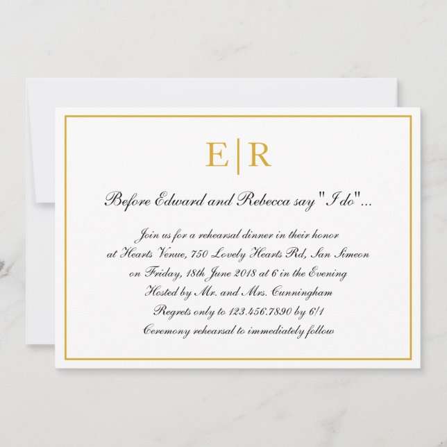 Invitación Caligrafía formal Monograma de oro Ensayo de cena (Anverso)