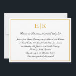 Invitación Caligrafía formal Revelación del Monograma de Oro<br><div class="desc">El género formal y elegante revela invitaciones con un diseño simple con los detalles de tu evento dentro de un falso borde dorado, sobre un fondo blanco. En la parte superior se encuentran sus dos monografías iniciales y sus detalles en una caligrafía elegante. El mensaje dice: "Príncipe o Princesa, ¿qué...</div>