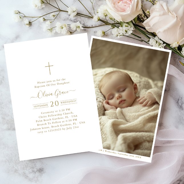 Invitación Caligrafía Foto Oro Género Bautismo neutral (Subido por el creador)
