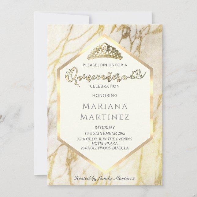 Invitación Caligrafía geométrica de mármol de oro Quinceañera (Anverso)