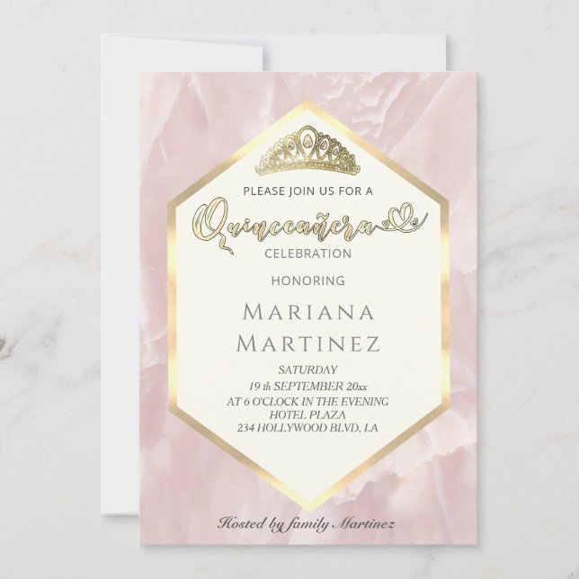 Invitación Caligrafía geométrica de mármol rosa pálido Quince (Anverso)
