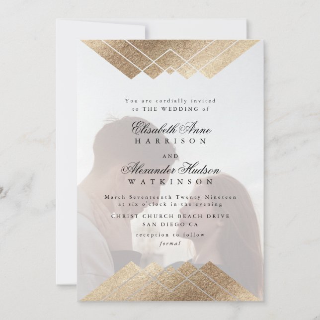 Invitación Caligrafía geométrica de oro negro 2 Boda fotográf (Anverso)