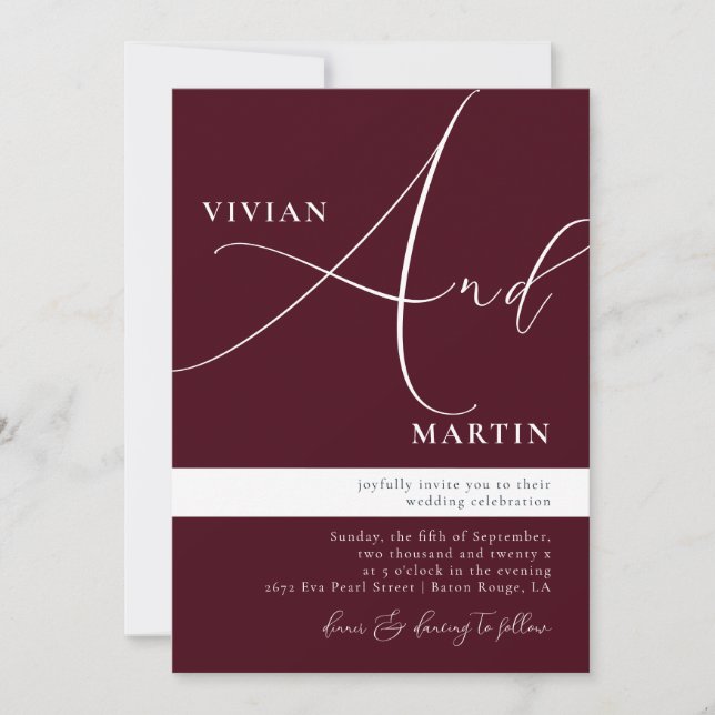 Invitación Caligrafía Gran Boda audaz "Y" Borgoña (Anverso)