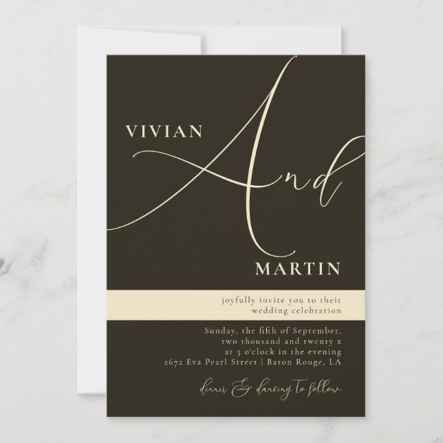 Invitación Caligrafía Gran Boda Verde Negrita "Y" Oscuro (Anverso)