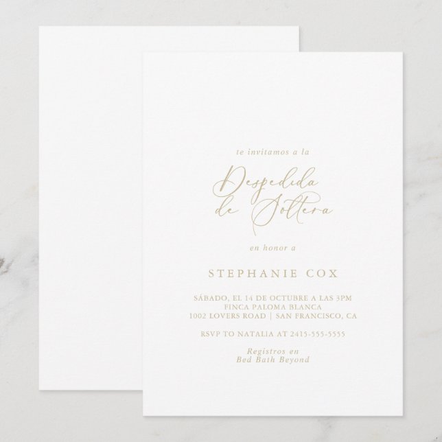 Invitación Caligrafía idílica dorada Ducha Bridal Española (Anverso / Reverso)