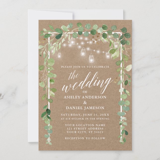 Invitación Caligrafía Luces botánicas Kraft Boda (Anverso)