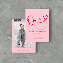 Invitación Caligrafía lúdica Corazón Rojo Rosa Primer Cumplea