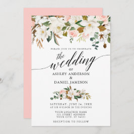 Invitación Caligrafía Magnolias Blancas Boda de rosas rosadas