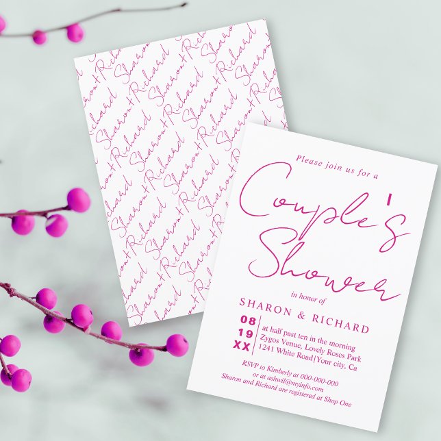 Invitación Caligrafía manuscrita magenta rosa Ducha de pareja (Subido por el creador)