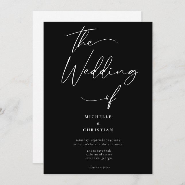 Invitación Caligrafía mínima Boda negro sólido blanco (Anverso / Reverso)