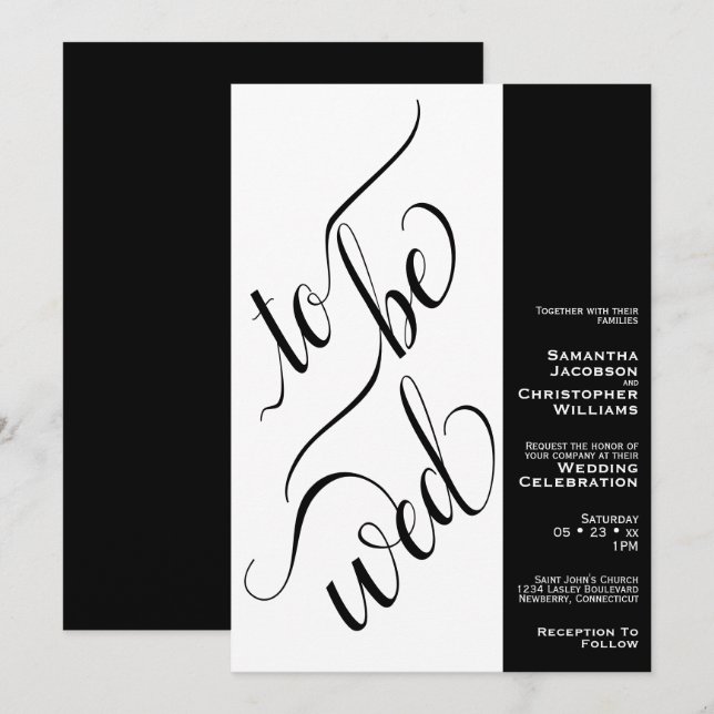 Invitación Caligrafía Mínima Para Ser Boda Blanco Negro De La (Anverso / Reverso)