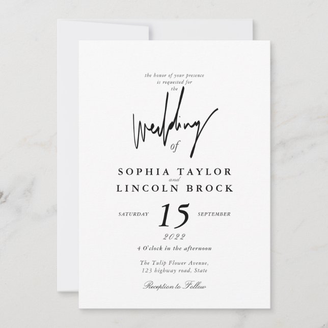 Invitación Caligrafía minimalista Boda blanco y negro (Anverso)