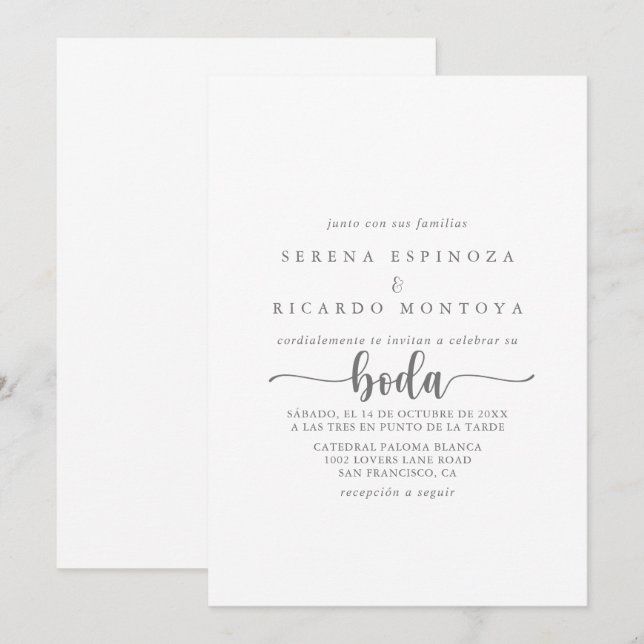 Invitación Caligrafía minimalista Boda de plata española  (Anverso / Reverso)